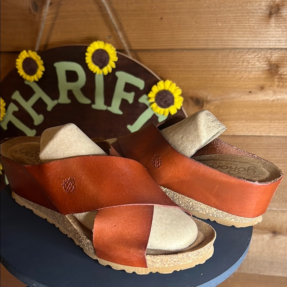 Yokono Leather Brown Wedge Cork Platform Made in Spain Cross Sandal 9